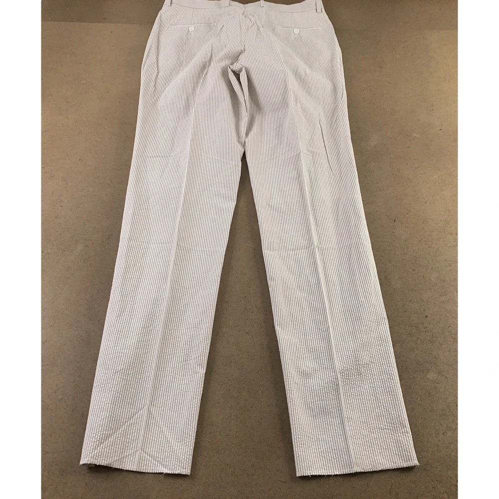 Emigre Men's Size 35 X 36 Raw Hem Striped Cotton Seersucker Flat Front Pants New